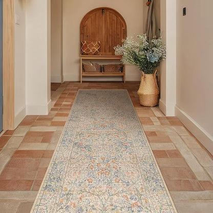 Beige Blue Washable 2x8 Runner Rug for Bathroom, Hallway, Kitchen, Non-Slip & Stain Resistant 8ft Long Entryway Floor Rug, Retro Boho Floral Décor