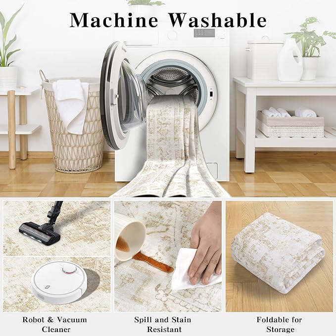 2x6 Hallway Washable Runner Rug Vintage Non-Slip Soft Kitchen Mat Boho Medallion Distressed Farmhouse Carpet Floral Low Pile Indoor Throw Rug for Entryway Bathroom Living Room Bedroom, Beige
