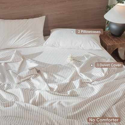 MooMee Striped Duvet Cover Set 100% Washed Cotton Linen Like Textured Breathable Durable Soft Comfy (White Orange Wide Stripes, Oversized Queen 98"x98")