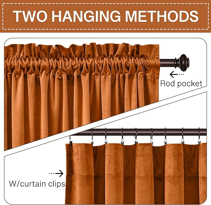 StangH Orange Velvet Curtains 108 inches Long, Extra Long Luxury Home Decor Room Darkening Energy Saving Window Treatment Holiday Backdrops for Party, W52 x L108, 2 Panels