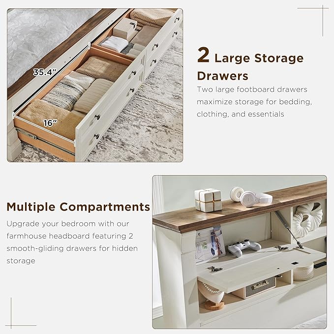 Farmhouse King Size Bed Frame with 54" Tall Storage Bookcase Headboard, Wood Platform Bed Frame with 2 Drawers & 18" Tall Roman Column Decoration Footboard, No Box Spring Needed(Antique White)