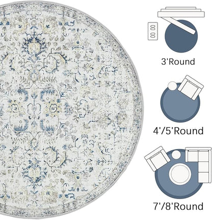 jinchan Kalen Round Rug 8ft Area Rug Washable Vintage Indoor Retro Accent Floor Cover Distressed Floral 8' Round Circle Boho Non Slip Thin Carpet for Living Room Dining Room Bedroom Kitchen Blue