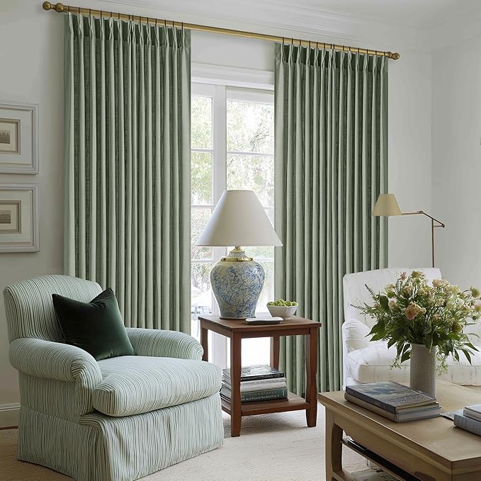 Pinch Pleated Green Linen Curtains 96 Inches Long for Living Room Bedroom Light Filtering Boho Window Drape 96 inch 2 Panels with Hooks Rings 8ft Sage Green Sliding Glass Door Semi Sheer Curtain