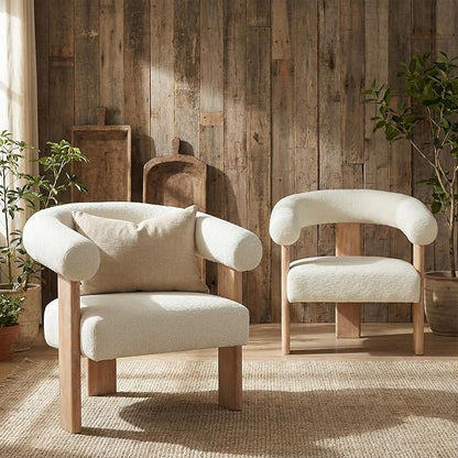 VKNOW Accent Chairs Set of 2, Modern Upholstered Living Room Chair Armchair with Solid Wood Legs, Comfy Barrel Arm Chairs for Living Room Bedroom, Cream