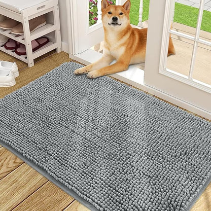 OLANLY Dog Door Mat for Muddy Paws 48x30, Absorbs Moisture and Dirt, Absorbent Non-Slip Washable Doormat, Quick Dry Chenille Mud Mat for Dogs, Entry Indoor Entryway Carpet for Inside Floor, Grey