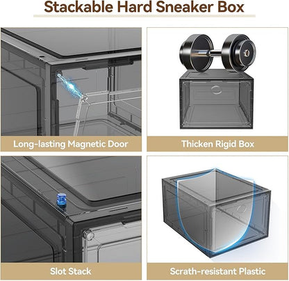XX Large Clear Shoe Storage Box Organizer for Closet, 9 Pack Thicken Hard Plastic Stackable Shoe Sneaker Rack Display Case Container Bins Organizer, Easy Assembly, Grey