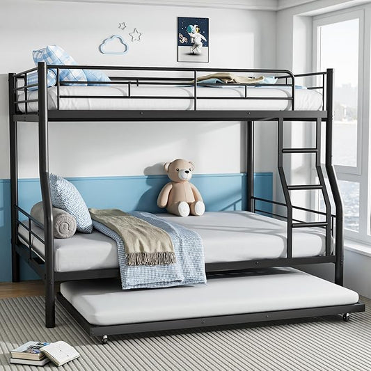 Full XL Over Queen Bunk Bed with Trundle, Heavy-Duty Metal Bunk Bed w/Full-Length Guardrail & EVA Padded Ladder, Convertible to 3 Separate Beds for Adults, Teens, Noise-Free, Black