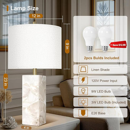 Scenekoy Natural Alabaster Table Lamp Set of 2 with Night Light for Bedroom Living Room, 23" Rotary Switch Bedside Lamp with Linen Shade, Modern Nightstand Lamps for Room Office Dorm (Bulb Included)