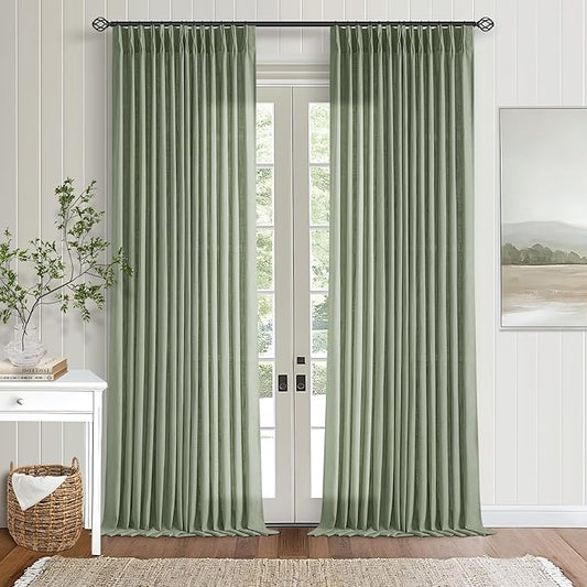 Green Linen Semi Sheer Curtains 90 Inches Long for Living Room Bedroom Light Filtering Sage Green Textured Burlap Pinch Pleated Curtains 90 Length Hooks Rings Back Tab for Sliding Door 2 Panels