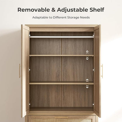 SICOTAS Armoire Wardrobe Closet, Larger Rattan Armoires Wardrobe Cabinet with 2 Large Drawers & Hanging Rod, Tall Closet Storage Cabinet for Cloak Room, Bedroom, Light Oak (3 PCS)