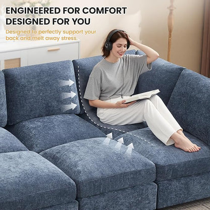 89'' Modular Sectional Cloud Sofa Bed, 6-Seater Convertible Sofa Couch with Ottoman, Modern Deep Seat Sleeper Sofa for Living Room, Chenille Blue