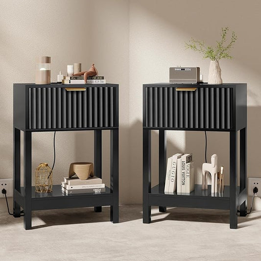 Night Stand Set 2, Fluted Nightstand with Charging Station, Wood Bedside Table with Drawer & Storage Shelf, Modern End Tables for Bedroom Sofa Couch Office, Black