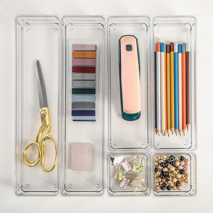 Martha Stewart Miles Plastic Stackable Office Desk Drawer Organizers, Set of 6, Clear
