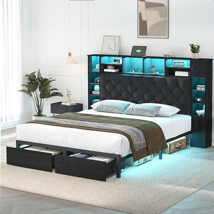 Full Size Bed Frame with Bookcase Headboard and Storage Drawers, 51.2" Metal Platform Full Bed Frame with Charging Station and LED Lights, Velvet Upholstered Tufted Bed Frames, Black