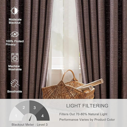 Jacquard Linen Curtains 96 inch Length 2 Panels Thick Faux Linen Blended Window Drapes Burlap Textured Curtains with Grommet for Living Room Bedroom Farmhouse (52x96 Fashion Purple) Natural