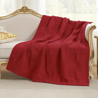Amélie Home Checkered Chenille Knit Throw Blanket for Couch, Classic Texture Decorative Soft Blanket for Sofa, Chair & Bedroom, 50"x60", Christmas Red