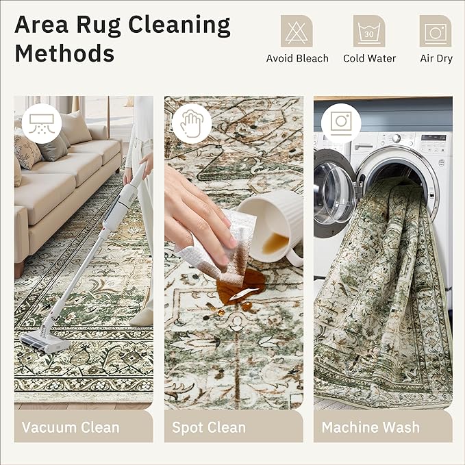 5x7 Area Rugs Low Pile Indoor Washable Trendy Faded Style Rugs for Bedroom Living Room Dining Room Foldable Non-Slip Thin Print Mat Green Olive Beige