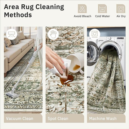 Washable Area Rug 8x10, Large Soft Rugs for Living Room Farmhouse Vintage Area Rugs for Bedroom Dining Room Non-Slip Stain Resistant Under Table Rug Olive Beige