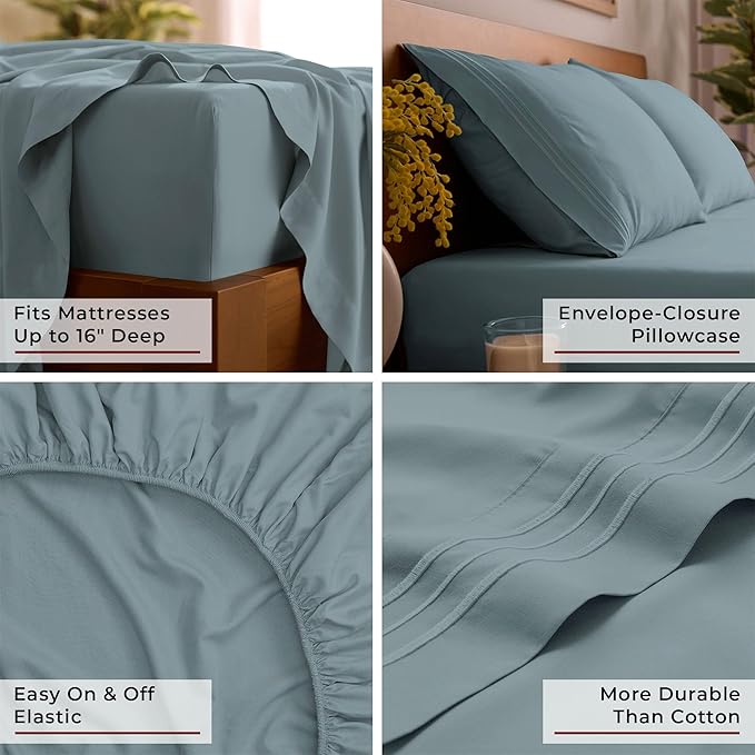 Mellanni Twin XL Sheet Set - 4-Piece Iconic Collection Bedding, (Including 2 Pillowcases), 16-Inch Deep Pocket, Easy Care, Extra Soft, Cooling Sheets, Brushed Microfiber - Spa Blue