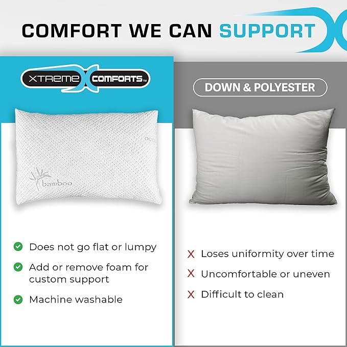 Xtreme Comforts Bed Pillows for Sleeping (2 Pack) | Adjustable Shredded Memory Foam Pillows with Removable Cooling Cover | Fluffy Pillows Support for Side, Back & Stomach Sleepers - Standard Size