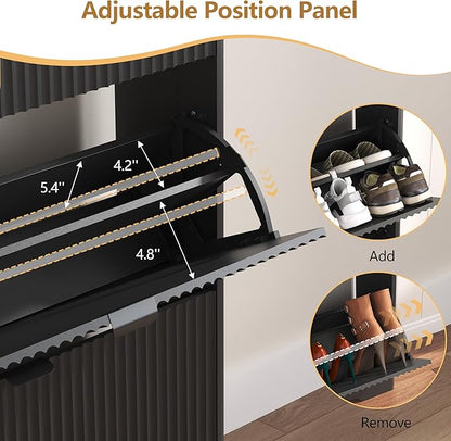 Shoe Cabinet Storage for Entryway with 4 Flip Drawers, Black Fluted Shoe Cabinet with Adjustable Shelves, Wooden Hidden Shoe Rack Freestanding Narrow Slim Shoes Storage for Hallway, Entrance