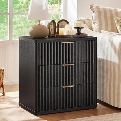 LEYAOYAO 48" Wide Fluted Dresser and 3 Drawers 23" Nightstand Set of 2, Wooden Dresser & Night Stand with Charging Station, 3 Piece Bedroom Furniture Set, Chest of Drawer for Living Room,Black