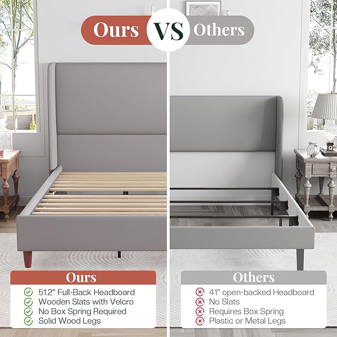 Jocisland Full Upholstered Platform Bed Frame with 51.2" Tall Wingback Headboard–Solid Wood Legs, No Box Spring Needed, Light Grey Linen–Modern Style for Any Bedroom
