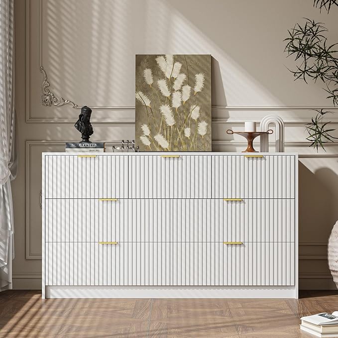 3-Piece Dresser Bedroom Set, 7 Drawer Dresser & 2 Drawer Nightstands with Gold Handles, Fluted Wood Chest of Drawers for Bedroom, Living Room, Entryway, White