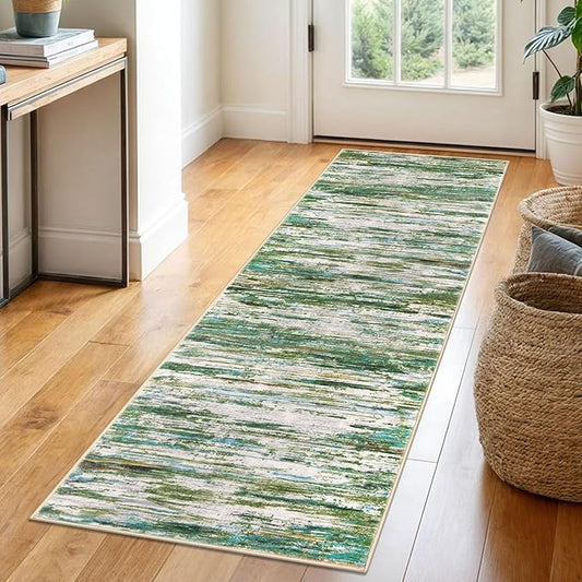 2x6 Modern Abstract Runner Rug for Hallway, Green Grey Multi Super Soft Hallway Decor Kitchen Rugs with Non-Slip, Non-Shedding Washable Rug for Entryway Bedroom Laundry Indoor