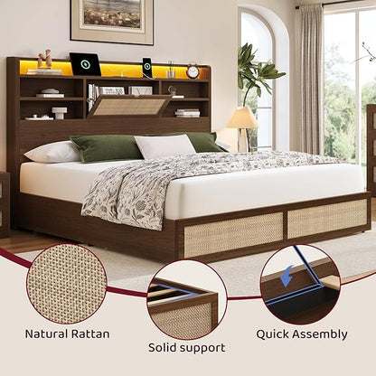 King Size Rattan Bed Frame with 4 Storage Drawers and Hidden Storage Headboard Wooden Platform Bed Frame with LED Lights and Charging Station, No Box Spring Needed, Easy Assembly, Brown