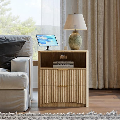Evermagin Fluted Nightstand with Charging Station, Natural Oak Bedside Table with 2 Drawers, Wood End Table with Storage Mid Century Modern, Large Night Stand for Bedroom