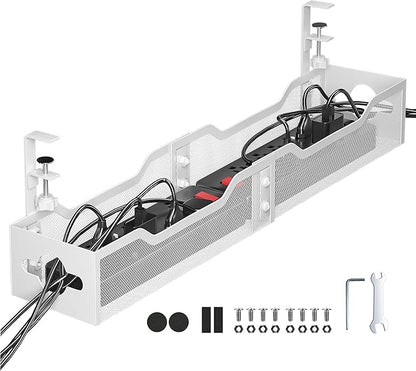 Under Desk Cable Management Tray 24.8", Quszmd Cable Organizer No Drill, Standing Cord Organizer and Wire Management Tray - No Damage to Desk, White