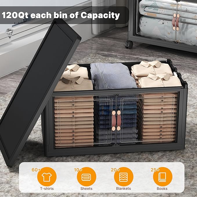Extra Large Stackable Storage Bins with Lids & Wheels & Door, 672QT-112QT/28GAL*6Pack Foldable Collapsible Closet Organizers, Plastic containers drawers for bedroom Dorm
