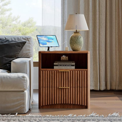 Evermagin Fluted Nightstand Set of 2 with Charging Station, Walnut Bedside Table with 2 Drawers, Wood End Table with Storage Mid Century Modern, Large Night Stand for Bedroom