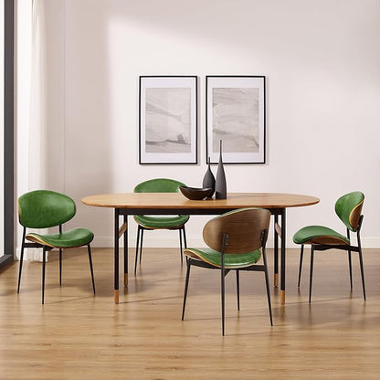 Art Leon Dining Chairs Set of 4, Walnut Bentwood, Mid Century Modern Chair, Green Faux Leather Kitchen Dining Room Chairs with Black Metal Legs, Accent Chairs for Bedroom