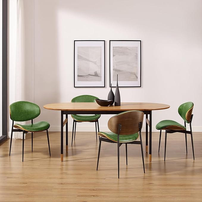 Art Leon Dining Chairs, Set of 2, Walnut Bentwood, Mid Century Modern Chair, Green Faux Leather Kitchen Dining Room Chairs, Accent Chairs for Bedroom
