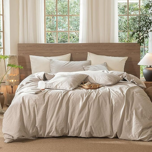 MooMee Wavy Striped Duvet Cover Set 100% Washed Cotton Linen Like Textured Breathable Durable Soft Comfy (Beige, King 104"x90")