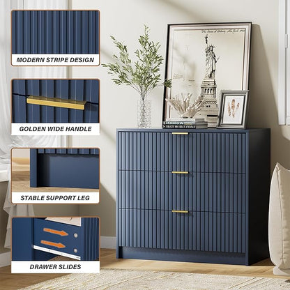 Navy Blue Dresser for Bedroom, Modern Dresser with 3 Drawers and Smooth Slides, Wide Chest of Drawers with Golden Handles for Bedroom, Living Room, Closet, 15.7" D x 31.5" W x 29.6" H