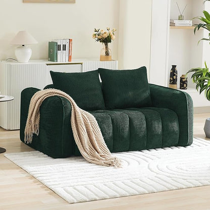 66'' Boneless Corduroy Loveseat Sofa, 2 Seater Tufted Deep Seat Couch with Rounded Armrest, Upholstered Cloud Couch for Living Room, Bedroom, No Assembly, Green