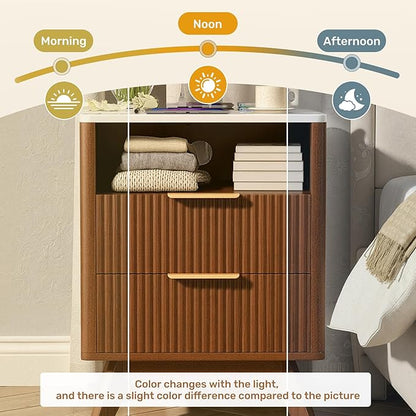Modern Nightstand Set of 2, Side Table with Charging Station,Bedside Tables with Drawer, Mid-Century End Tables for Bedroom, Sturdy Storage Side Tables,Walnut