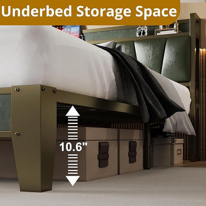 LIKIMIO Twin Bed Frame, Storage Headboard with Charging Station, Solid and Stable, Noise Free, No Box Spring Needed, Easy Assembly (Dark Green)