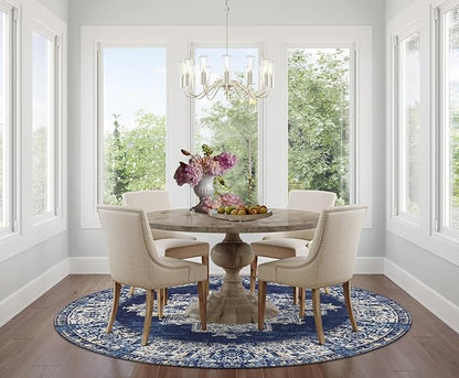 vivorug Round Rug 4ft Vintage Round Area Rug Non-Slip Indoor Carpet for Living Room Bedroom Entryway, Stain Resistant Home Decor Circle Rug, Navy Blue