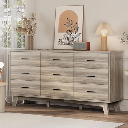 Dresser for Bedroom, 9 Drawer Wide Modern Chest of Drawers with X-Shaped Sturdy Base, Wood Double Dresser Closet Clothes Storage Organizer, Wooden TV Stand for Living Room, Hallway, Grey