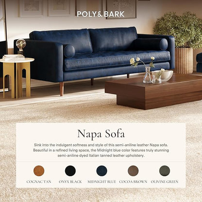 Poly & BARK Napa 88.5" Leather Sofa – Full-Grain Italian-Tanned Aniline Leather, Feather-Down Comfort, Solid Wood Frame, Walnut Legs, Midnight Blue