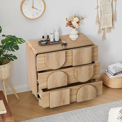 3 Drawer Dressers for Bedroom, 31.5" Wide Large Mid Century Modern Fluted Nightstand, Wood Dresser & Chest of Drawers with Curved Profile for Living Room, Entryway, Hallway, Natural