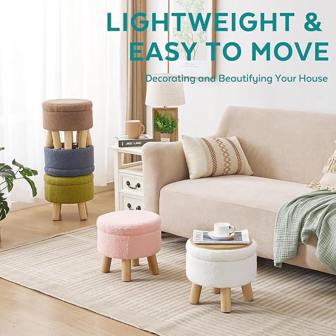 FIMIVIBI Small Foot Stool Ottoman with Storage, Sherpa Ottoman Foot Rest for Couch, Round Footstool with Storage, Small Ottomans and Footstools for Living Room and Entryway (Pink)