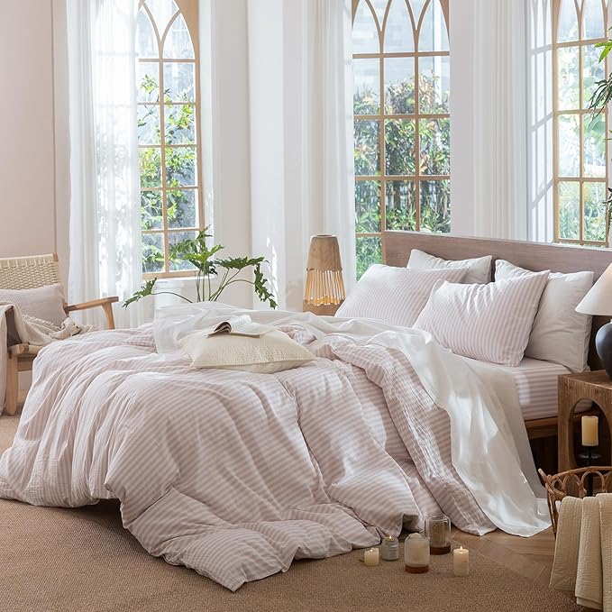 MooMee Striped Duvet Cover Set 100% Washed Cotton Linen Like Textured Breathable Durable Soft Comfy (Heathered Greyish Pink Classic Stripes, Twin 68"x90")