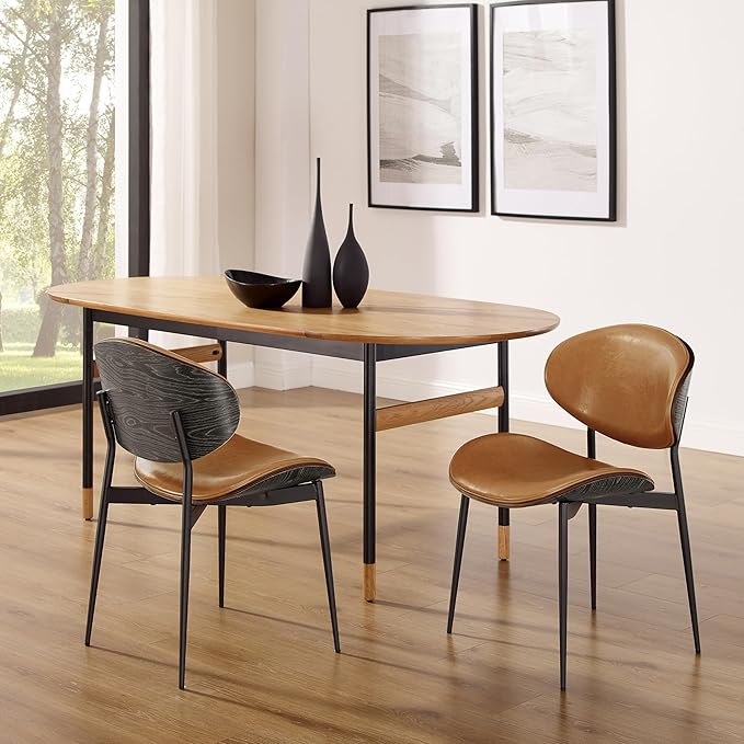 Art Leon Dining Chairs, Set of 2, Grey Oak Bentwood, Mid Century Modern Chair, Orange Faux Leather Kitchen Dining Room Chairs, Accent Chairs for Bedroom
