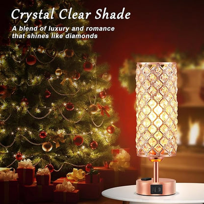 Hong-in Rose Gold Lamp Set of 2, 3-Way Crystal Table Lamp Touch Control with USB-C+A & AC Ports, Dimmable Nightstand Desk Light, Pink Bedside Table Lamp for Bedroom(Bulb Included & Set of 2)