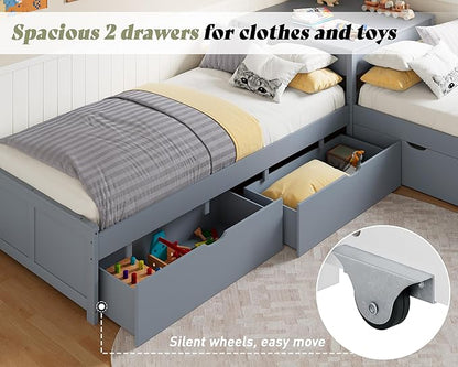 AMERLIFE L-Shaped Twin Trundle Bed with Flip-Top Storage Desk, Space-Saving Solid Wood Platform Bed Frame, Grey Finish, Multi-Functional Twin Bed for Kids and Families